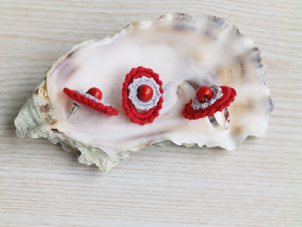 Turquoise Blue Cotton Crochet Necklace, Handmade Textile Jewelry, Fiber