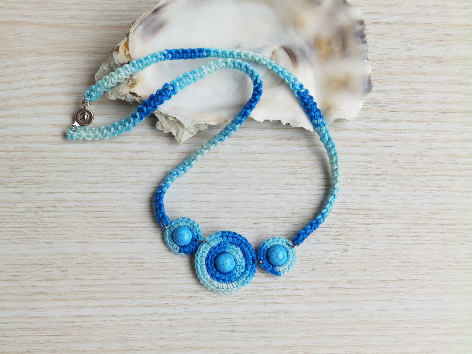 Turquoise Blue Cotton Crochet Necklace, Handmade Textile Jewelry, Fiber
