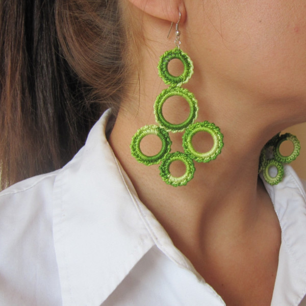 Green Clip On Earrings Striped Geometric Pattern Textile Eco Fair Jewelry