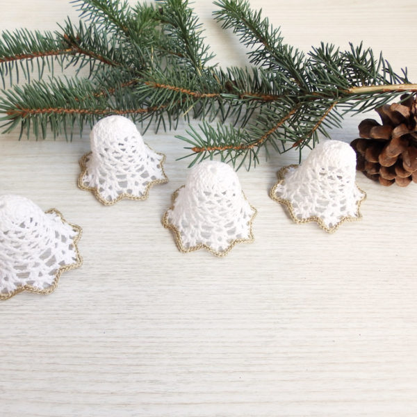 Hand Made Crochet Knitted White Bell Hang on Christmas Tree Decoration Set Of 4 